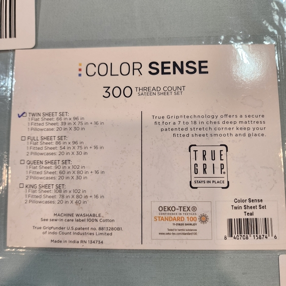 Color Sense Teal 300 Thread Count Sateen Sheet Set New Soft True Grip Cotton - Picture 4 of 4